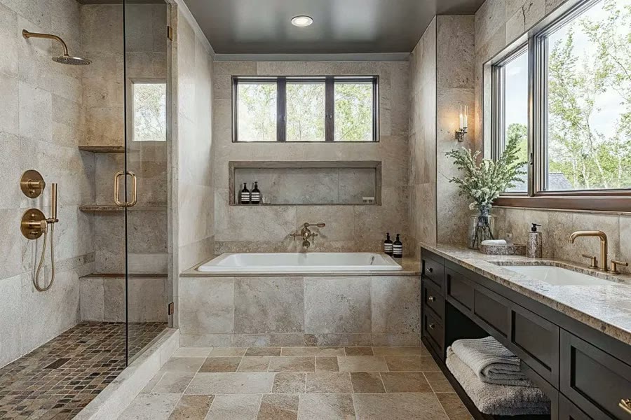 Travertine bathtub surround and dark vanity with brass fixtures beside a window